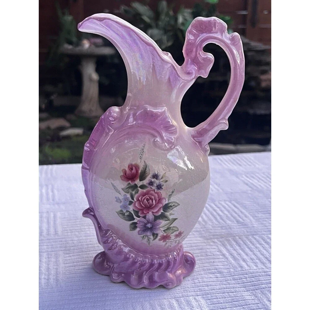 Vintage Pink Purple Ombre Iridescent Lusterware Floral Ewer Pitcher Vase 9”
